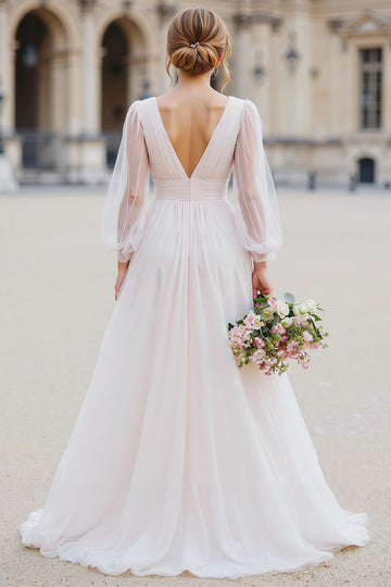 White V-Neck A-Line Long Sleeve Wedding Dress